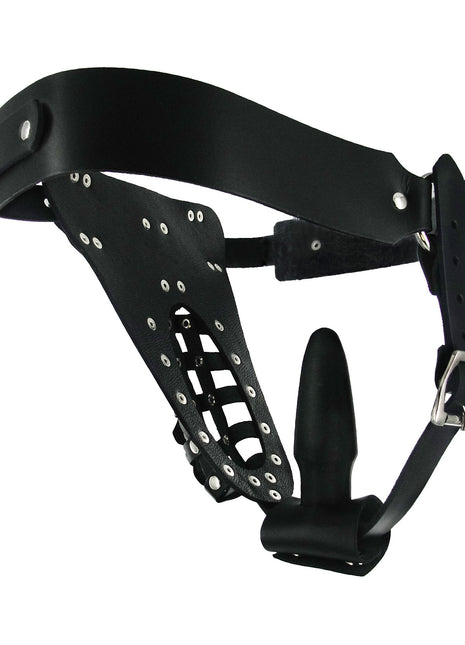 The Safety Net Leather Male Chastity Belt With Anal Plug Harness
