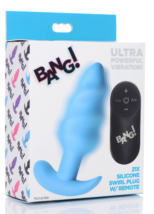 Remote Control 21x Vibrating Silicone Swirl Butt Plug - Blue