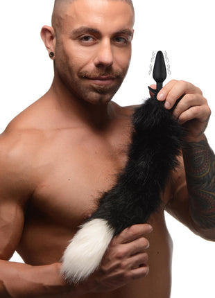 Small Vibrating Anal Plug With Interchangeable Fox Tail - Black And White