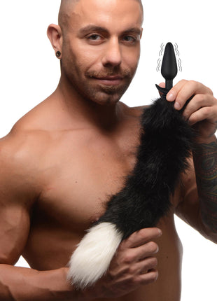 Large Vibrating Anal Plug With Interchangeable Fox Tail - Black And White