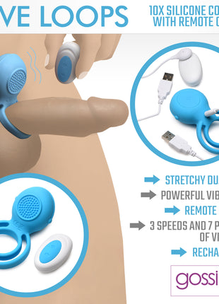 Love Loops 10x Silicone Cock Ring With Remote - Blue